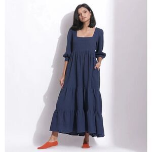 SeamsFriendly NWT Navy Blue Warm Cotton Waffle Tier Maxi Dress Size 42” Regular